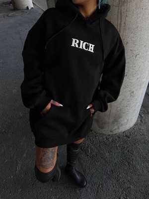Marsilyan Uzun Kol Kapüşonlu Göğüs Baskılı Sweatshirt - Siyah -