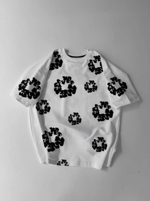 Marsilyan Ön ve Arka Baskılı Oversize Bisiklet Yaka T-Shirt- Beyaz -