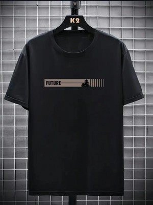Marsilyan 20/1 Penye Compack Futre Baskılı Oversize Kısa Kol Bisiklet Yaka T-Shirt - Siyah -