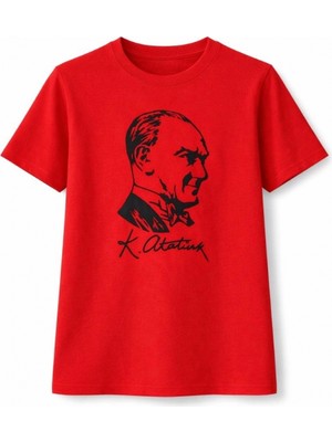 Marsilyan Kız Çocuk Atatürk Baskılı Tişört Kısa Kollu Bisiklet Yaka T-Shirt - Kırmızı
