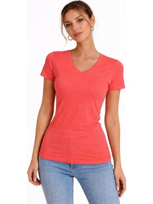 Marsilyan Kadın T-Shirt V Yaka Slim Fit Likralı Tişört Yazlık Basic Body - Nar Çiçeği