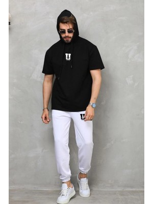 Marsilyan Kapşonlu Oversize T-Shirt Takım - Siyah