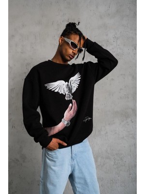 Marsilyan Güvercin Baskılı Sweatshirt - Siyah -