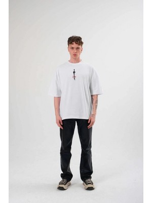 Marsilyan Bisiklet Yaka Baskılı Oversize T-Shirt - Beyaz -