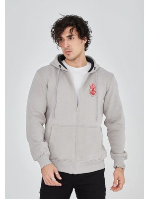Marsilyan Baskılı Tam Fermuarlı Kapşonlu Sweatshirt - Boyalı Gri
