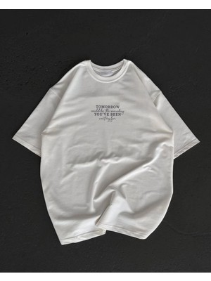 Marsilyan Bisiklet Yaka Baskılı Oversize T-Shirt - Beyaz