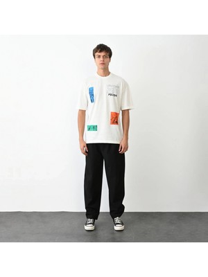 Marsilyan Bisiklet Yaka Baskılı Oversize T-Shirt - Beyaz -