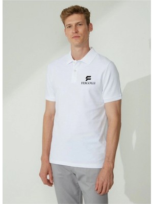 Marsilyan Yakası Düğmeli Yakalı Pike Baskılı T-Shirt - Beyaz
