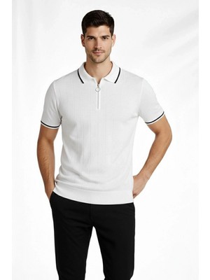 Marsilyan Erkek Yazlık Dokuma Triko Tişört Fermuarlı Polo Yaka Kısa Kol T-Shirt - Beyaz
