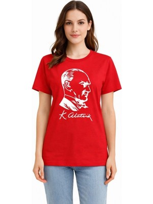 Marsilyan Kadın Atatürk Baskılı Tişört Kısa Kollu Bisiklet Yaka T-Shirt - Kırmızı