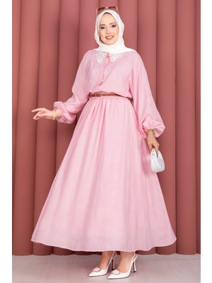 Ums Güpür Yakalı Önden Düğmeli Gömlek Etek Takım Pembe