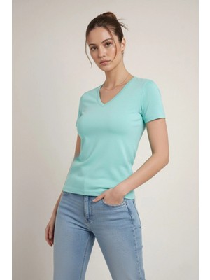Marsilyan Kadın T-Shirt V Yaka Slim Fit Likralı Tişört Yazlık Basic Body - Turkuvaz
