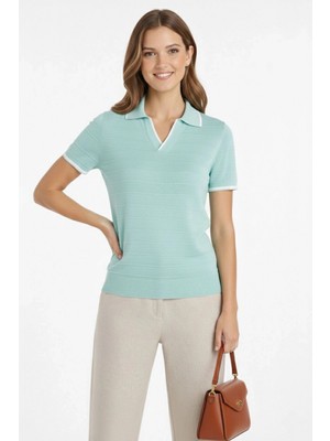 Marsilyan Kadın Yazlık Dokuma Triko Tişört Düğmesiz Polo Yaka Kısa Kol T-Shirt - Mint Yeşili