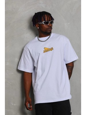 Marsilyan Bisiklet Yaka Baskılı Oversize T-Shirt - Beyaz -