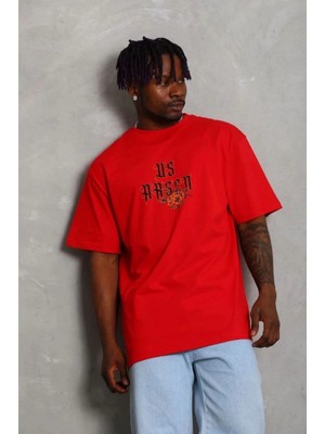 Marsilyan Erkek Baskılı T-Shirt Kısa Kol Bisiklet Yaka Regular Fit Tişört - Kırmızı
