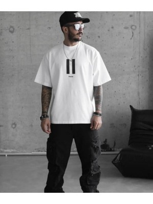 Marsilyan Bisiklet Yaka Baskılı Oversize T-Shirt - Beyaz -