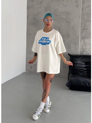 Marsilyan Bisiklet Yaka Baskılı Oversize T-Shirt - Beyaz -