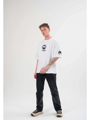 Marsilyan Bisiklet Yaka Baskılı Oversize T-Shirt - Beyaz -