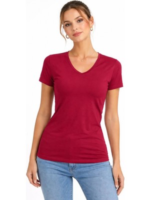 Marsilyan Kadın T-Shirt V Yaka Slim Fit Likralı Tişört Yazlık Basic Body - Kırmızı