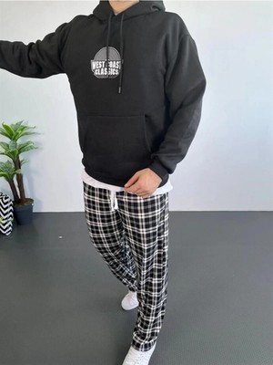 Marsilyan Sırt Baskılı Kapüşonlu Üç Iplik Oversize Sweatshirt - Siyah -