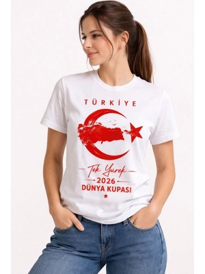 Marsilyan Kadın Türkiye Ay Yıldız 2026 Dünya Kupasi Taraftar Forma T-Shirt - Beyaz