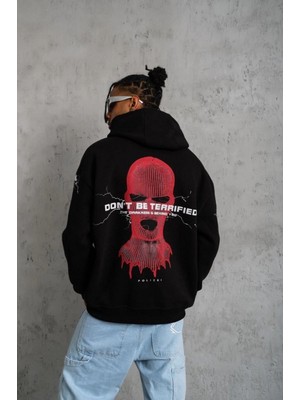 Marsilyan Oversize Üç Iplik Kapüşonlu Sweatshirt – Siyah “don’t Be Terrified” Ön, Sırt ve Kol Baskılı, Kanguru Cepli, Ribanalı Rahat Model- Siyah -