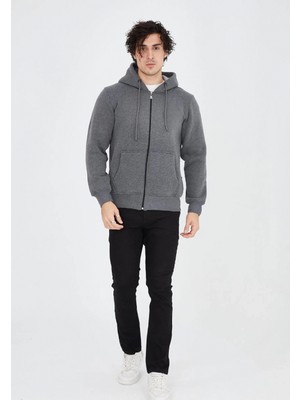 Marsilyan Tam Fermuarlı Kapşonlu  Sweatshirt - Füme -