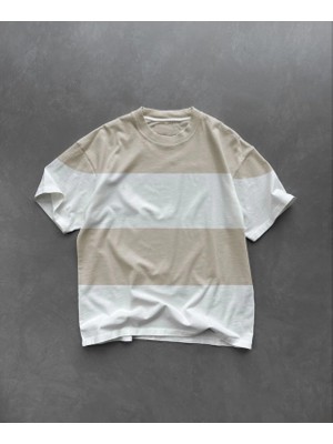 Marsilyan Bisiklet Yaka Parçalı T-Shirt - Bej -