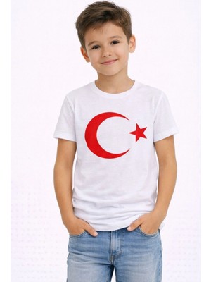Marsilyan Erkek Çocuk Tişört Bisiklet Yaka Ay Yıldız Bayrak Baskılı T-Shirt - Beyaz