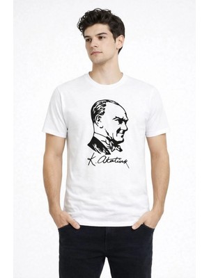Marsilyan Erkek Atatürk Baskılı Tişört Kısa Kollu Bisiklet Yaka T-Shirt - Beyaz