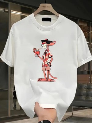 Marsilyan Pembe Panter Baskılı   Oversize Günlük Kısa Kollu Tişört- Beyaz -