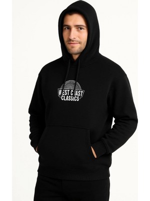 Marsilyan Kapşonlu Sweatshirt – “west Coast Classics” Ön  Arka Baskılı,- Siyah -