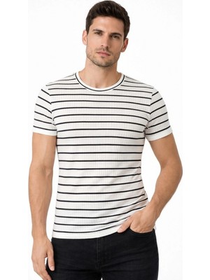 Marsilyan Erkek Çizgili Yazlık Triko T-Shirt Slim Fit Dar Kesim Body Bisiklet Yaka - Beyaz