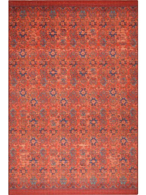 Pera Halı Kiremit ve Mavi Geometrik Desenli Vintage Halı - Outlet - 50036TOU