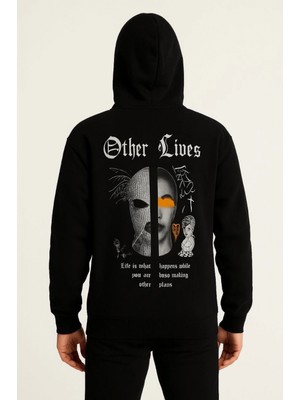 Marsilyan Kapşonlu Sweatshirt “other Lives” Ön  Arka Baskılı - Siyah -