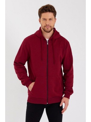 Marsilyan Erkek 3 Iplik Pamuklu Tam Fermuarlı Kapüşonlu Kanguru Cepli Düz Hoodie Sweatshirt - Bordo