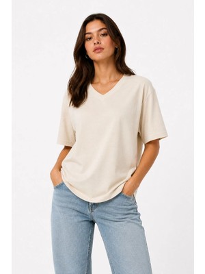 Marsilyan Kadın V Yaka Basic Tişört Kısa Kol Yazlık Regular Fit T-Shirt - Bej