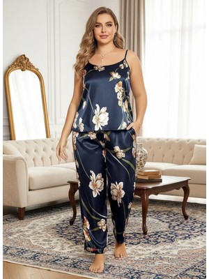 Marsilyan- Büyük Beden Mavi Çiçek Desenli Ince Askılı Saten Pijama Takımı 2’li Kadın