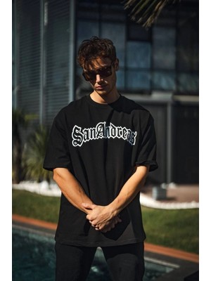 Marsilyan Bisiklet Yaka Baskılı Oversize T-Shirt - Siyah -