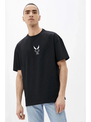 Marsilyan Erkek Baskılı T-Shirt Kısa Kol Bisiklet Yaka Rahat Kalıp Tişört - Siyah