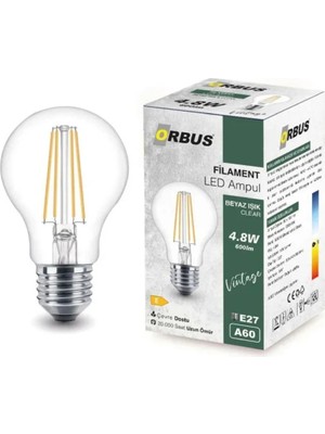 Orbus Beyaz Işık B60 Filament LED Ampul E27 4.8W 6500K Renk Sıcaklığı 600LM Parlaklık