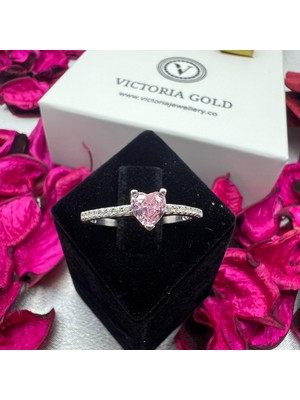 Victoria 925 Ayar Gümüş Pembe Kalp Taşlı Yüzük – Zirkon Detaylı Zarif Kadın Yüzük