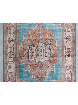 Pera Halı Turkuaz ve Turuncu Medalyonlu Vintage Halı - Outlet - 50010TOU