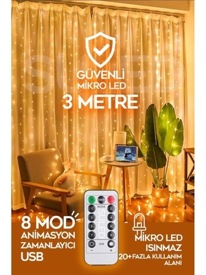 Suled Perde LED 3x3 Metre Kumandalı 8 Mod Ambiyans Ayarlabilir Boy Dekor Mikro LED Işık