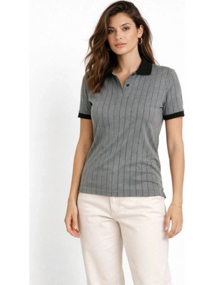 Marsilyan Kadın Polo Yaka Çizgili Tişört Kısa Kol Düğmeli Yazlık T-Shirt - Gri