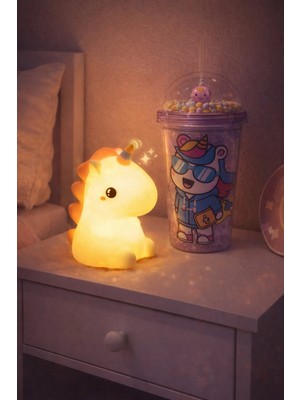 Marsilyan 2'li Set Rgb LED Unicorn Gece Lambası Yumuşak Silikon – Mor Unicorn Tema 450 ml Çift Katman Suluk