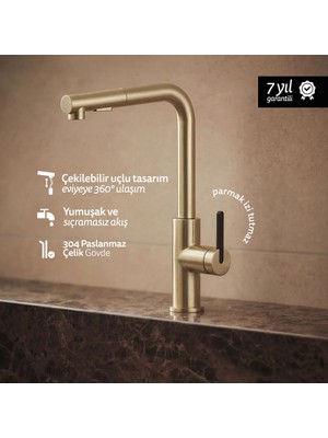 Deante Momi BKM_R73M Çekme Spiralli Altın Mutfak Evye Bataryası Fırçalanmış | Su Tasarruflu Bal Peteği Aeratör,  Sessiz kullanım
