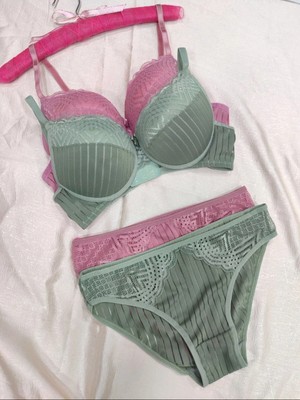 Love Angels Çizgili Dantel Detaylı Push-Up Dolgulu Iç Çamaşırı Takımı-Sütyen Külot Takımı