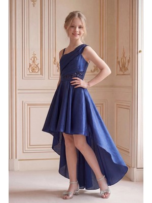 Butik Happy Kids Kız Çocuk Lacivert Tafta Abiye Elbise Kuyruklu Payet Detaylı Tek Omuz Şık Abiye Elbise 10-15 Yaş