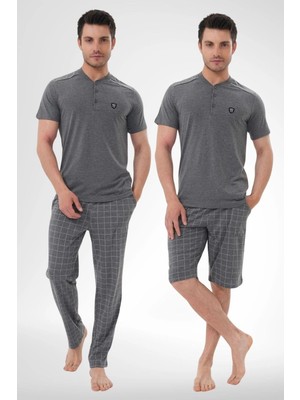 Mecit 2980 Füme Büyük Beden 3 Parça Erkek Şortlu Pijama Takımı